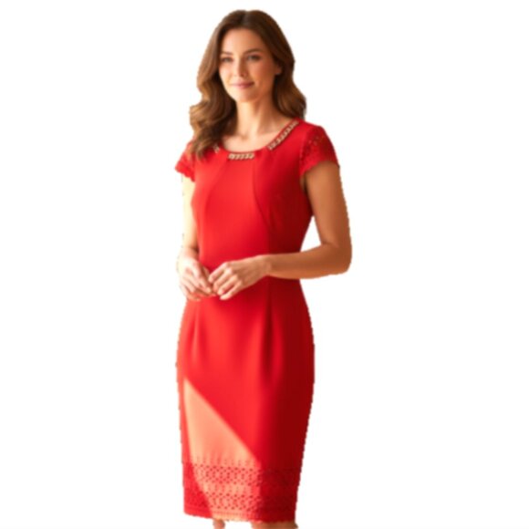 Women's Red Dress NEW Gold Chain Sz 10 CutOut Hem/Sleeve JM Studio By John Meyer - Picture 11 of 15